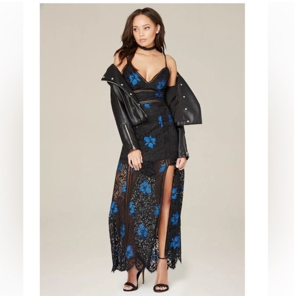 Bebe Mandy Black Blue Floral Lace Maxi Dress Sz 4 Evening Party Gown y2k - Picture 1 of 14